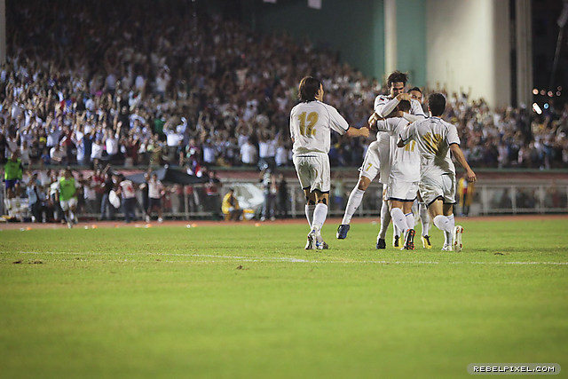 The Azkals celebrate Stefan Schrock&#8217;s first&#8211;half goal in injury time.